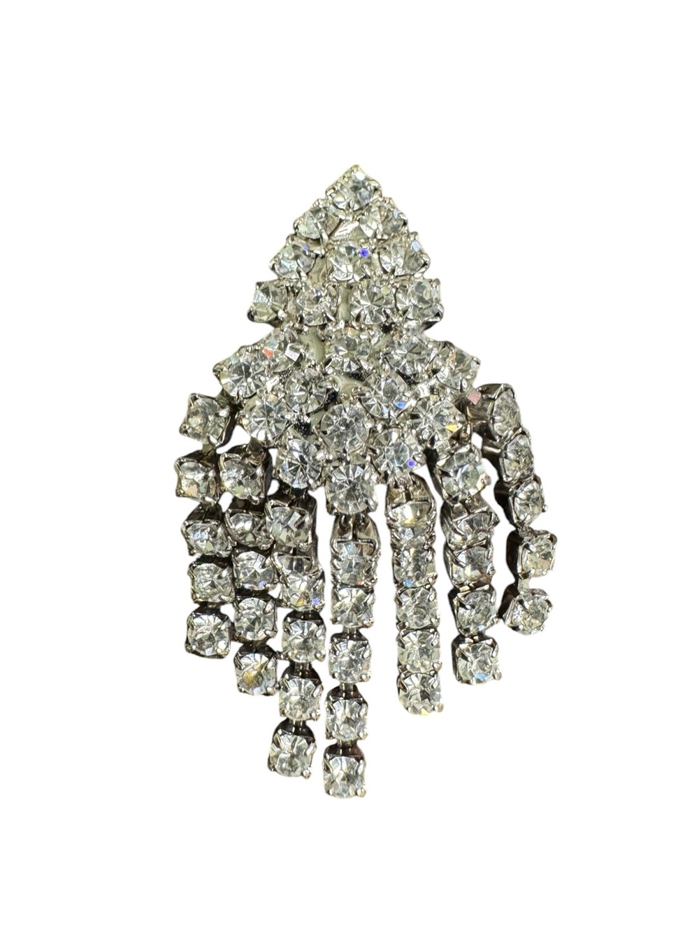 Vintage Rhinestone Fringe Brooch - Clear and Silver Sparkle Art Deco